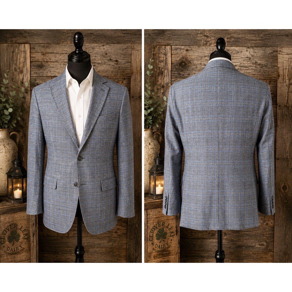 Joseph Abboud Heritage 44R Sport Coat E.Thomas Wool Silk Linen Blue Plaid Blazer